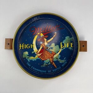 Vintage Miller High Life Girl on Moon Beer Tray w Country Cookery Wood Handles